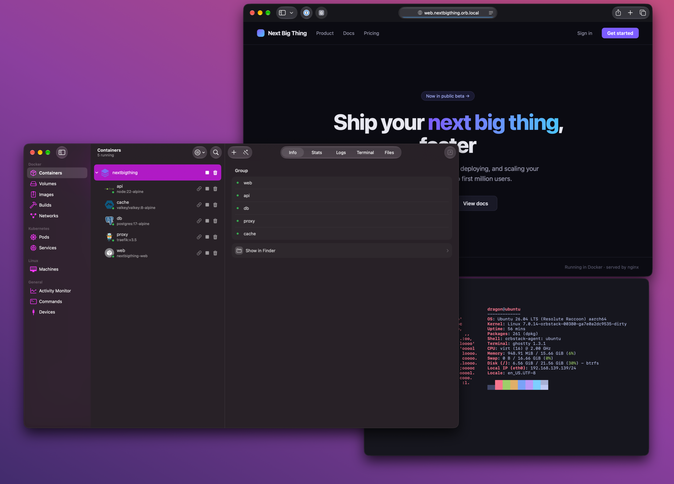OrbStack running a Compose project with domain names, image files open in Finder, and an Arch Linux machine